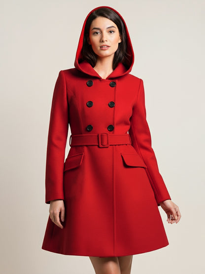 Hooded A-Line Midi Coat With Double-Breasted Design And Belt For Women 2026