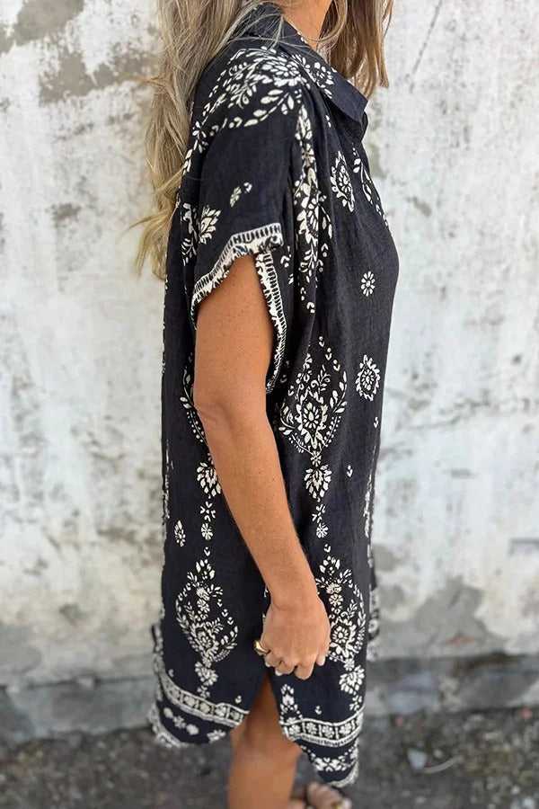 Linen Blend Unique Print Lapel Casual Pocket Mini Dress