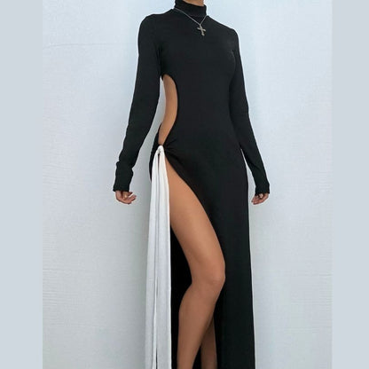 High neck long sleeve hollow out slit knotted cut out maxi dress