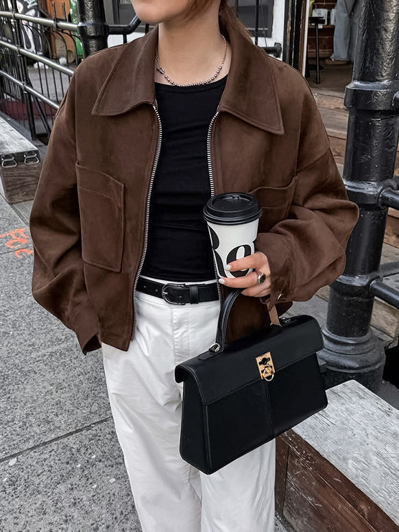 Brown Suede Cropped Zip-up Jacket With Pockets For Women 2026