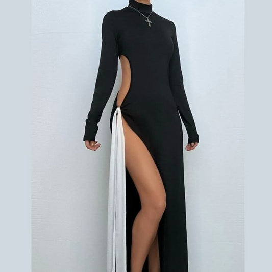 High neck long sleeve hollow out slit knotted cut out maxi dress-final-sale
