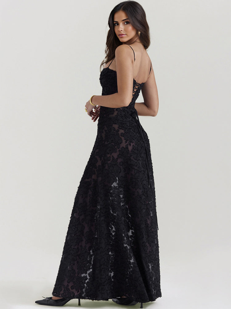 Trumpet Dress Spaghetti Straps Lace-up Floral Embroidery Prom Maxi Dresses