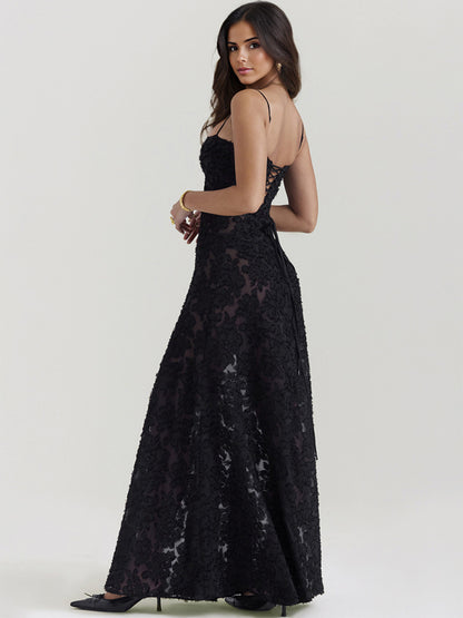 Trumpet Dress Spaghetti Straps Lace-up Floral Embroidery Prom Maxi Dresses