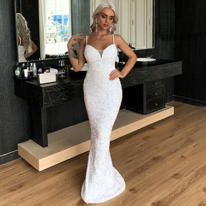 Evening Dress for Banquet Annual Meeting Host Party Strap Fishtail Sequ Dress Prom Formal Gown
