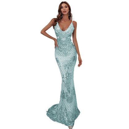 Sequined Geometric Abstract Pattern Strap Dress for Formal Gown Prom