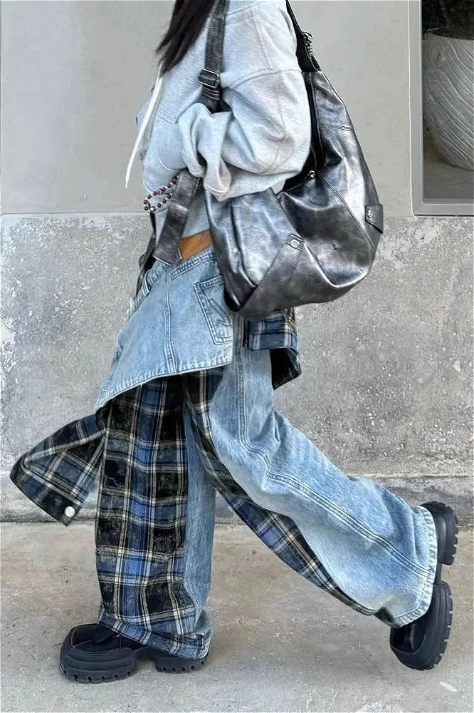 Plaid Patchwork High Waist Denim Pant