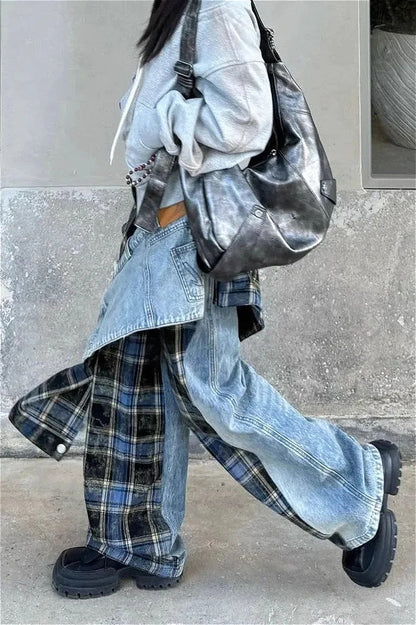 Plaid Patchwork High Waist Denim Pant