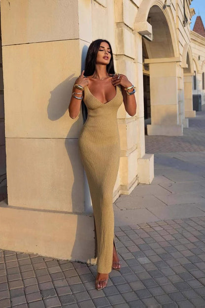 Knit Solid V Neck Maxi Dress