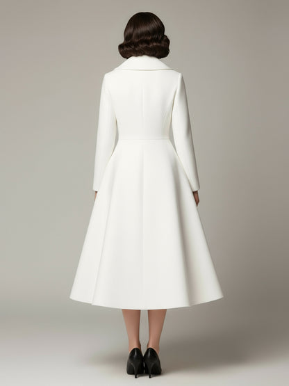 Vintage Unique Lapel A-line Woolen Flared Coat In White For Women 2026