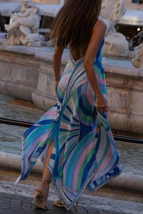 Elegant V-Neck Slit Print Dress