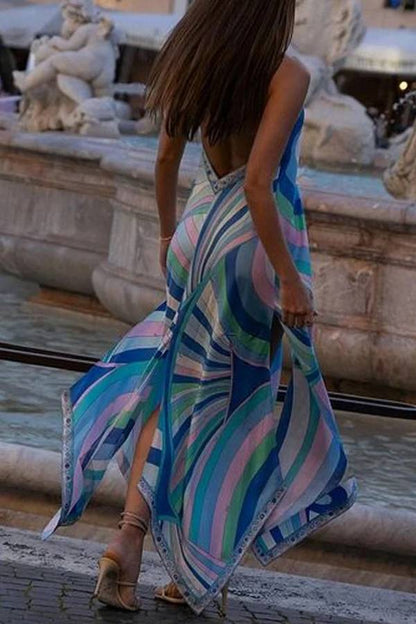 Elegant V-Neck Slit Print Dress