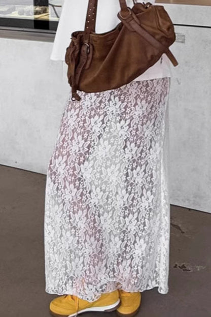 Elegant White Lace High Waist A-line Midi Skirt