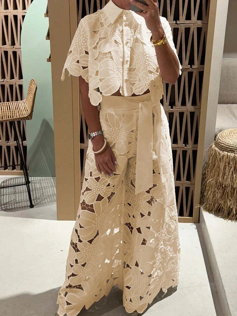 Flower Lace Cutout Crop Shirt & Wide Leg Pant Coord Set