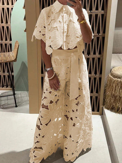 Flower Lace Cutout Crop Shirt & Wide Leg Pant Coord Set