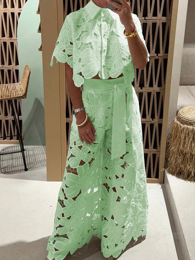 Flower Lace Cutout Crop Shirt & Wide Leg Pant Coord Set