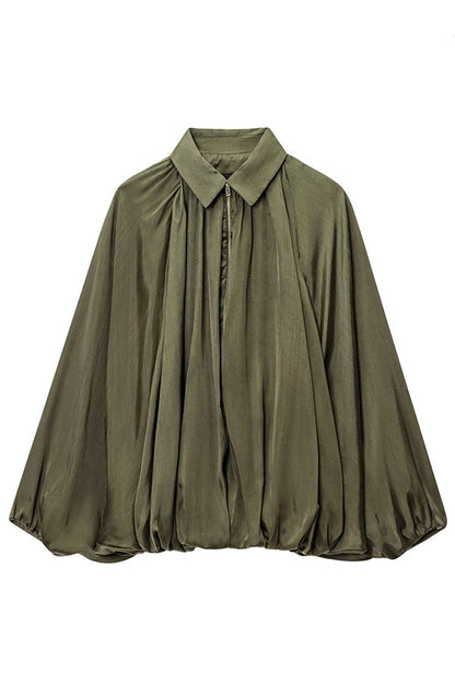 Fashion Lapel Loose Puff Long Sleeve Casual Zipper Jacket