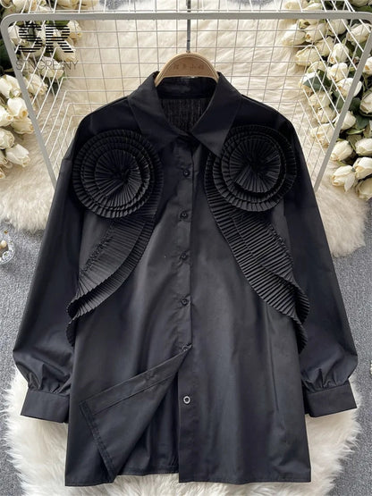 Ruffles Pleated Flower Patch Long Shirt