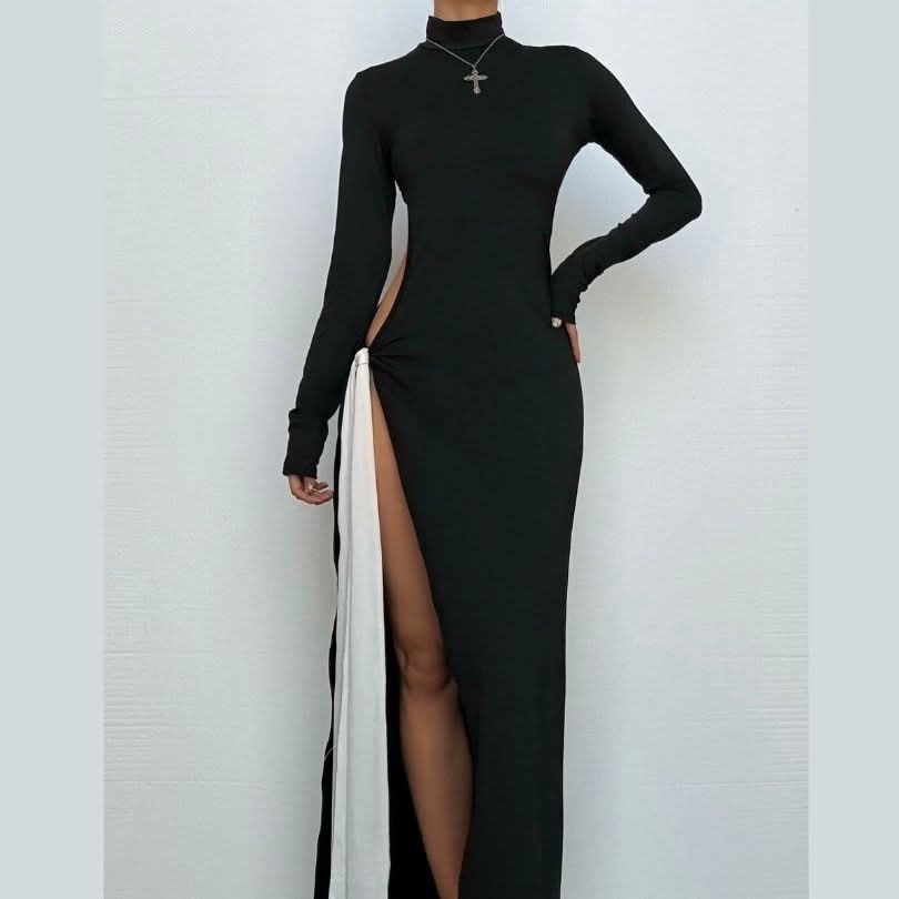 High neck long sleeve hollow out slit knotted cut out maxi dress-final-sale