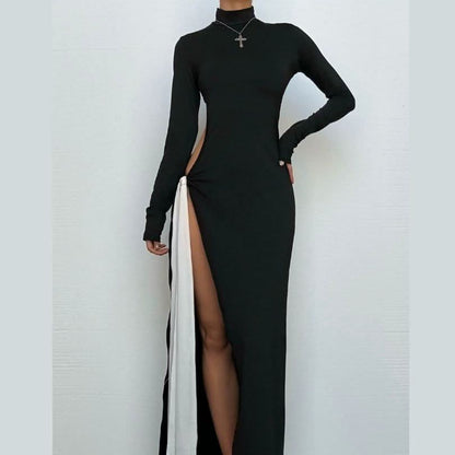 High neck long sleeve hollow out slit knotted cut out maxi dress-final-sale