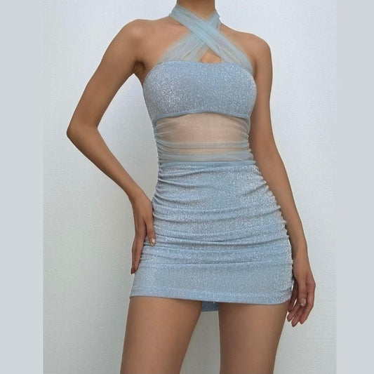 Halter glitter mesh ruched mini dress
