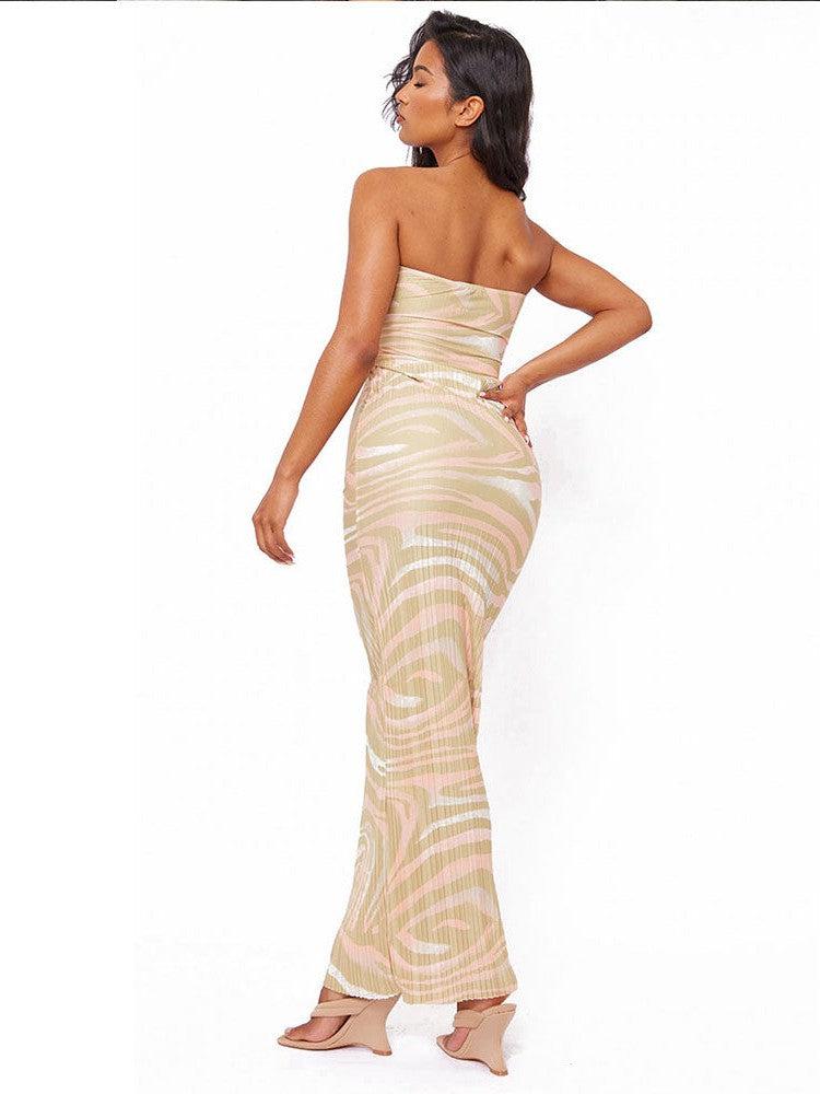 Printed Pleated Bandeau Tube Maxi Dress