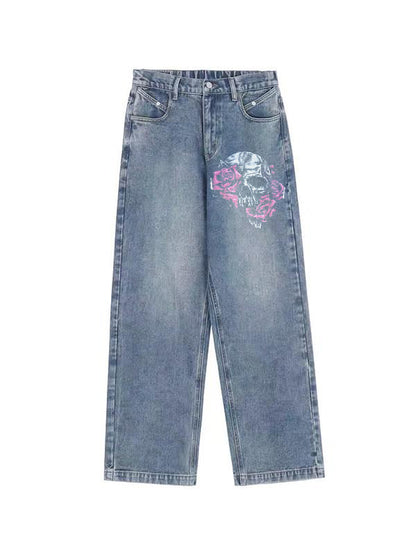 Skull Rose Print Vintage Blue Wide Leg Boyfriend Jeans