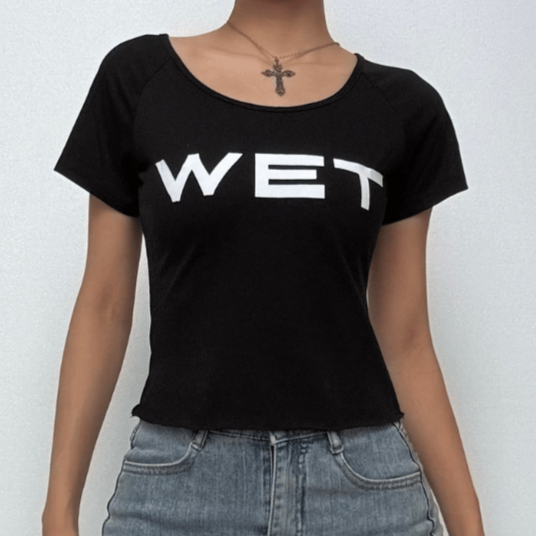 Short sleeve “WET” ruffle u neck top