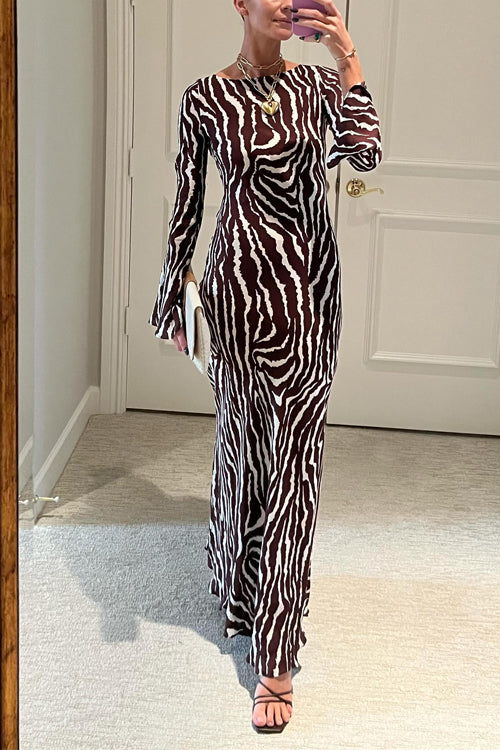 Boat Neck Bell Sleeves Animal Print Maxi Dress