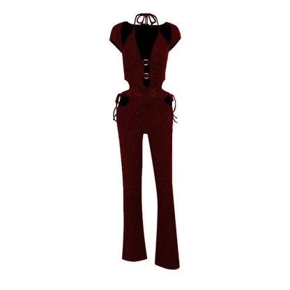 Halter o ring self tie hollow out jumpsuit