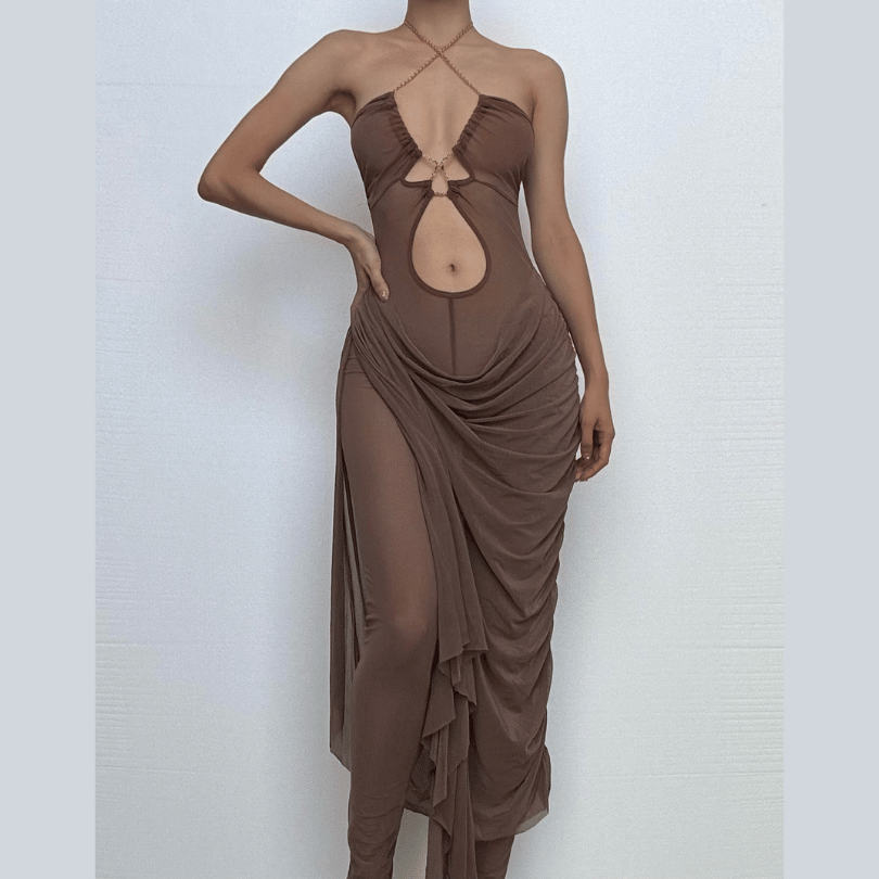 Metal chain halter ruched sheer mesh hollow out cut out maxi dress