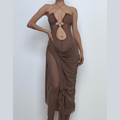 Metal chain halter ruched sheer mesh hollow out cut out maxi dress