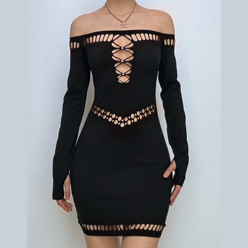 Off shoulder long sleeve hollow out beaded cut out mini dress