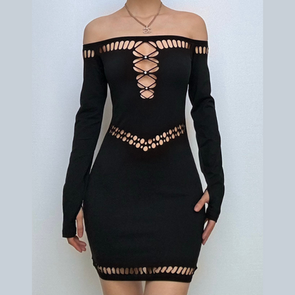Off shoulder long sleeve hollow out beaded cut out mini dress
