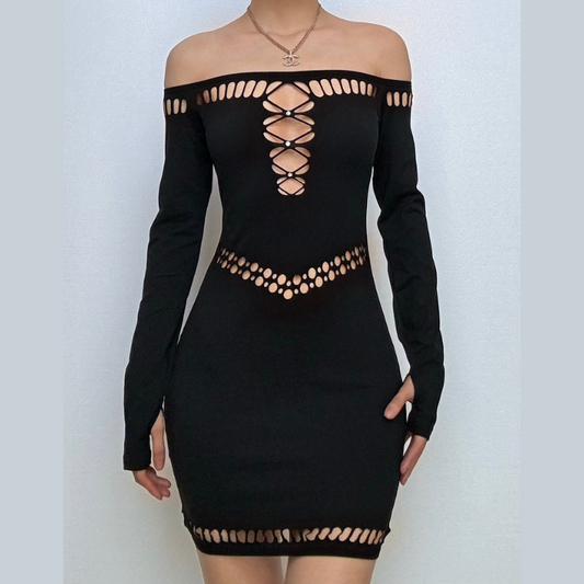 Off shoulder long sleeve hollow out beaded cut out mini dress