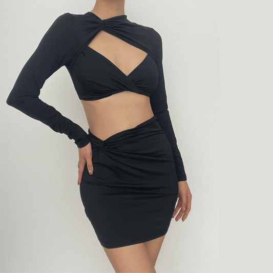Knotted hollow out solid ruched long sleeve mini skirt set-final-sale