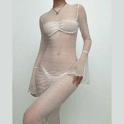 Long flared sleeve textured see through maxi dress-final-sale