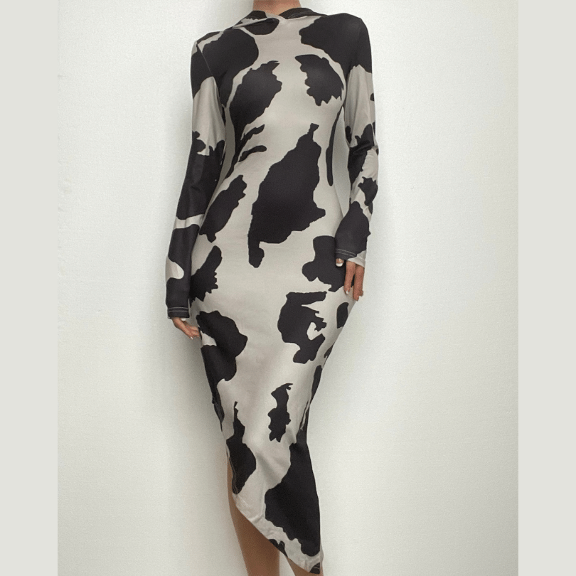 Cow Print Hooded Long Sleeve Bodycon Maxi Dress