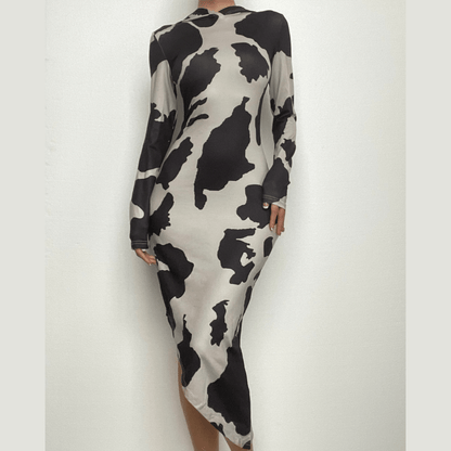 Cow Print Hooded Long Sleeve Bodycon Maxi Dress