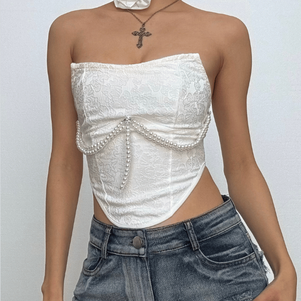 Beaded lace up self tie flower applique tube top