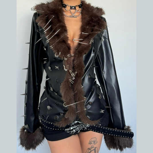 2 piece long sleeve fluffy o ring PU leather mini skirt set