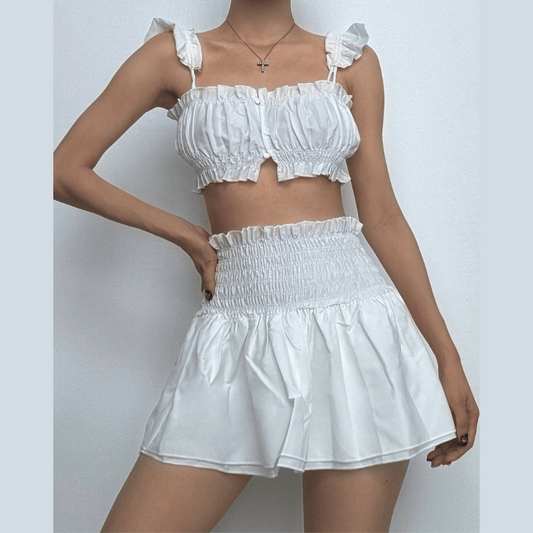 Smocked ruched cap sleeve solid ruffle mini skirt set