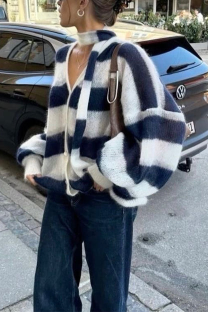 Lantern Sleeves Button Down Color Block Stripes Sweater with Scarf