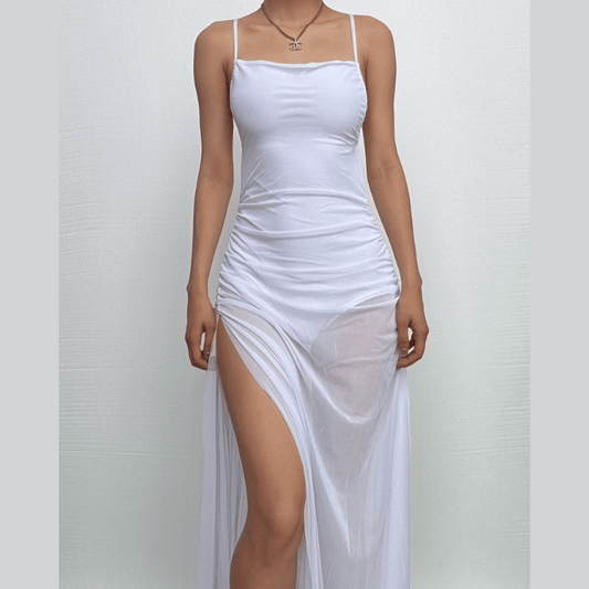 Ruched mesh high slit backless cami maxi dress