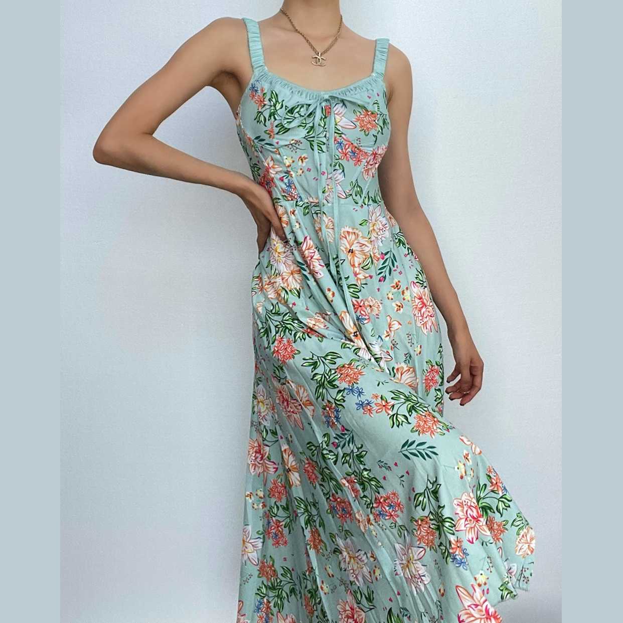 Floral Print Ruched Tie Neck Wide Strap Sleeveless A-Line Maxi Dress