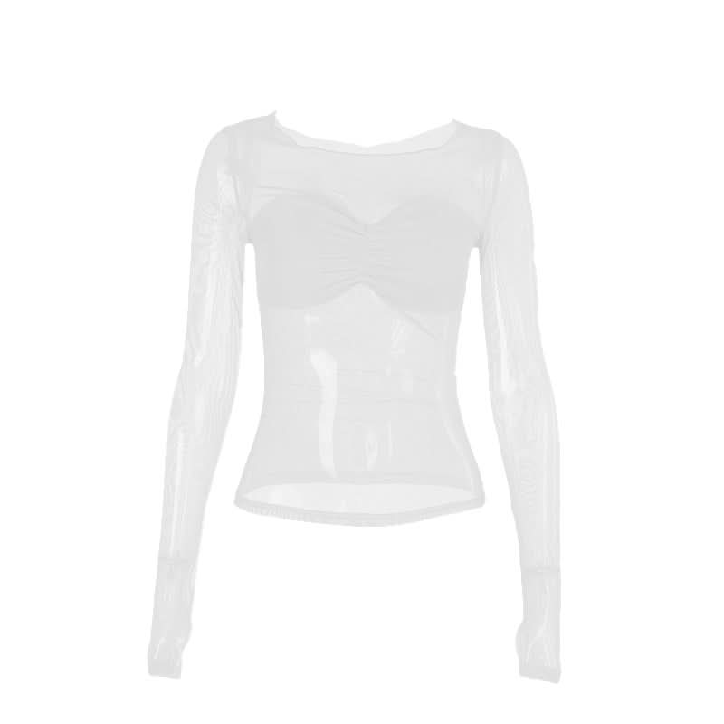 Long sleeve mesh ruched solid top