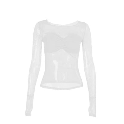 Long sleeve mesh ruched solid top