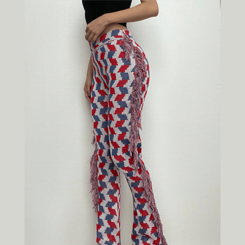 Tassels plaid contrast knitted pant