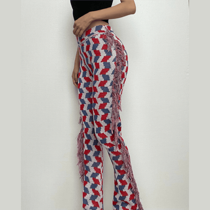 Tassels plaid contrast knitted pant