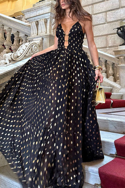 Meridress Cut Out Polka Dot Tiered Swing Maxi Cami Dress
