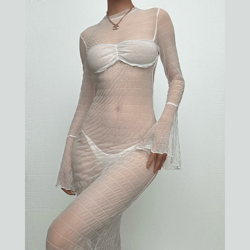 Long flared sleeve textured see through maxi dress